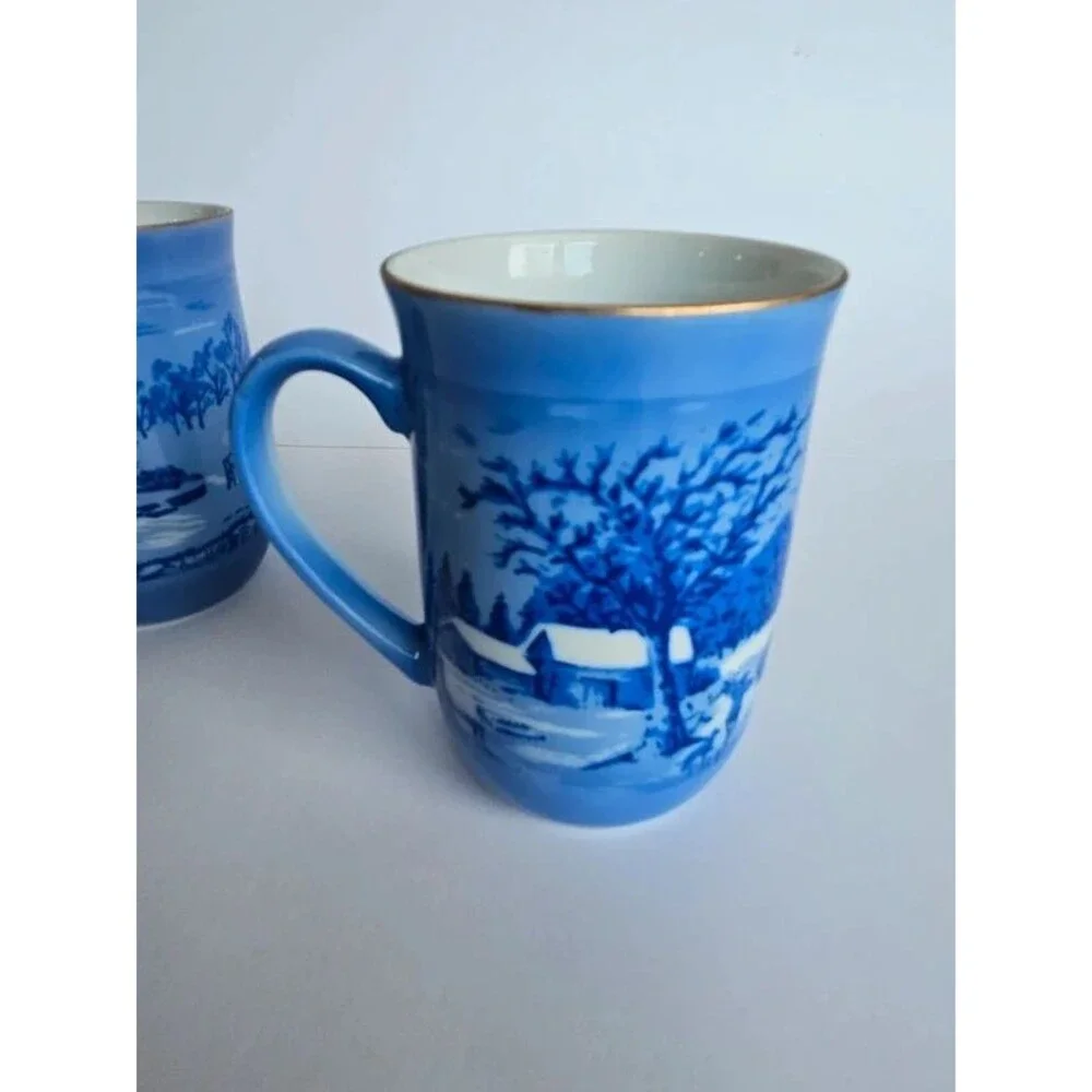 Vintage Currier & Ives Blue and White Mugs Winter Scenes